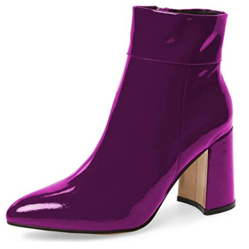 FSJ Pointed Toe Block High Heels Ankle Boot Glossy